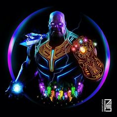 an image of thanos in the dark with his glowing arm and chest armor on