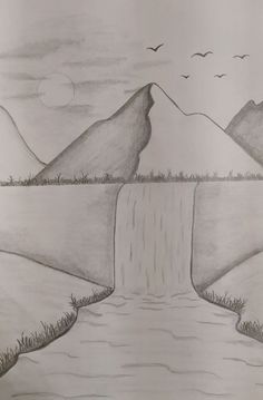 a pencil drawing of a waterfall with birds flying over it