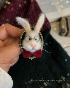 a person holding a small white rabbit wearing glasses and a red bow tie in their hand