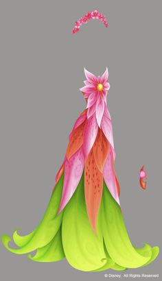 a pink and green flower on top of a leafy plant next to a flamingo