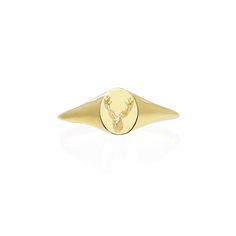 This majestic deer mini signet ring has a wonderful three dimensional quality to it.  The elegant oval face of the ring has a Reindeer’s head soldered onto it - a sacred animal revered by the Sami people for their wisdom, resourcefulness and nobility.  Effortlessly stylish, this stag ring looks great worn as a pinky ring or on other fingers for a minimalist look.  Made from recycled solid 9ct yellow gold, designed to last a lifetime.  Handmade in our No 13 jewellery studio in Hatton Garden, Lond Stag Ring, Sami People, Majestic Deer, Jewellery Studio, Oval Face, August Birthstone Jewelry, July Birthstone Jewelry, Silver Signet Ring, Jewelry Studio