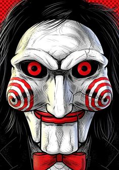 a drawing of a creepy clown with red eyes and black hair wearing a bow tie