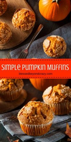 pumpkin muffins on a wooden cutting board next to some other muffins