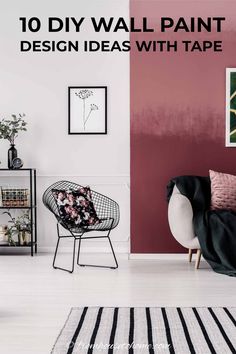 a living room with pink walls and black furniture