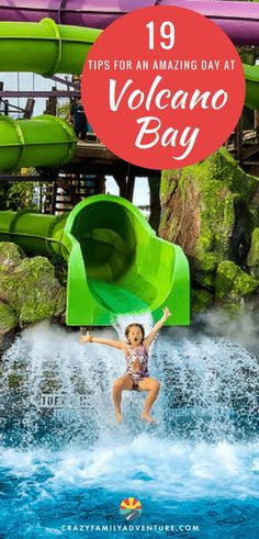 a girl jumping in the water at volcano bay with text overlay reading 19 tips for an amazing day at volcano bay