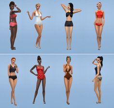 four different poses of women in swimsuits and bathing suits, all with their hands on their hips