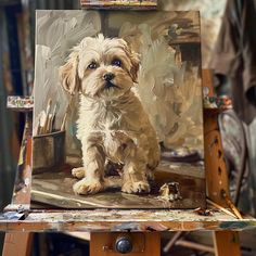 a small white dog sitting on top of a easel in front of a painting