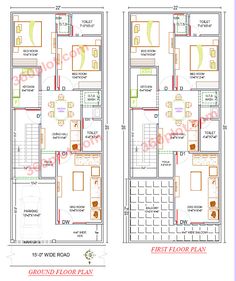 two story house plan with the first floor and second floor on each side, in india