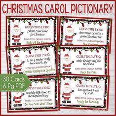 four christmas carol dictionary cards with the words, guess this lyc and go pdf