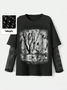 Black Gothic Forest Silhouette Printed Mesh Jointed Long Sleeve 2 In 1 T-Shirt, School Black Casual  Long Sleeve Fabric Halloween,Letter  Slight Stretch  Women Clothing, size features are:Bust: ,Length: ,Sleeve Length: Dark Graphic Tees, Black Long Sleeve Outfit Casual, Goth Sleeves, Black Long Sleeve Shirts, Gothic Forest, Grunge Shirts, Goth Plus Size, Black And White Grunge, Emo Shirts