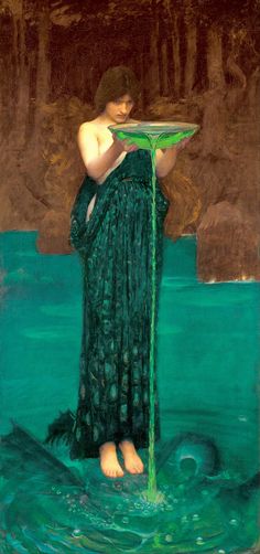 a painting of a woman standing in the water holding a green plate over her head