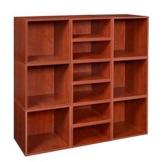 a wooden bookcase with six shelves on each side