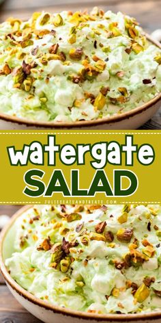 Watergate salad is a classic fluff salad recipe that’s a hit at any holiday or party! It’s quick and easy, only requiring about 5 minutes of time to throw it together. If you love pistachio you are going to love this! Tons of flavor from the pineapple, pistachios, marshmallows, pistachio pudding and Cool Whip! Pudding And Cool Whip, Strawberry Jello Salad, Cookie Salad, Fluff Salad, Pistachio Pudding, Jello Salad