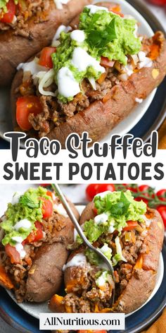 taco stuffed sweet potatoes with lettuce and tomatoes