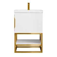 a white and gold bathroom vanity with an open drawer on the side, against a white background