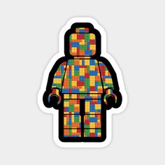 a lego man made out of multicolored blocks on a white background with black outline