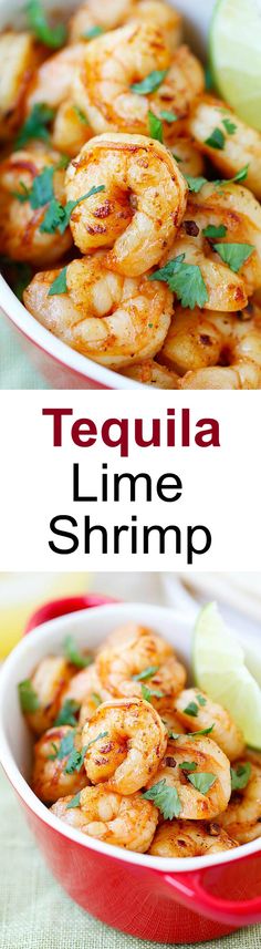 the recipe for tequila lime shrimp in a red bowl