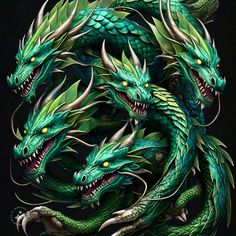 two green dragon heads with yellow eyes and fangs on their faces, one is facing the viewer