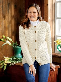 This Authentic Irish Cardigan Is Knit With Luxurious Merino Wool Irish Cardigans, Irish Wool Sweaters, Irish Sweater, Asymmetrical Cardigan, Ivory Cardigan, Vermont Country Store, Wool Sweaters Womens, Cable Cardigan, Aran Sweater