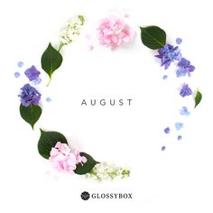 the words august are surrounded by flowers and leaves in a circle on a white background