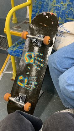 a skateboard is sitting on the seat of a bus