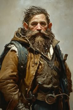 a painting of a man with long hair and beard wearing an old fashioned leather jacket