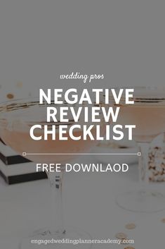 a champagne glass with the words negative review checklist on it, next to some wine glasses