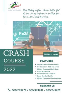 a flyer for the crash course with an image of a person holding up a book