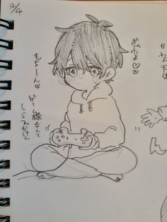 a drawing of a boy sitting on the ground with his hands in his pockets, and another hand holding a teddy bear