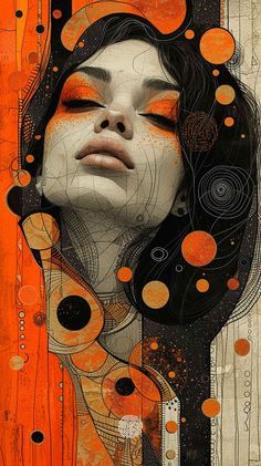 a woman's face with orange and black circles around her, as if she was floating