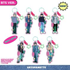 six key chains with the characters of bts ver and their names on them