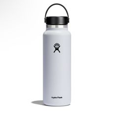 a white hydro flask bottle with a black lid