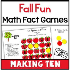 fall fun math fact games with apples and dices on the front, and an image of