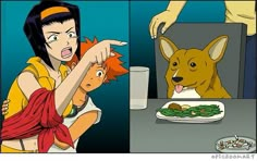 an image of a woman eating food with a dog in the background and another person pointing at her