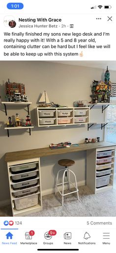 an image of a desk with lots of shelves on it