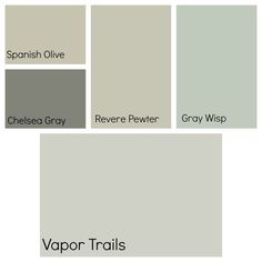 some gray and white paint colors with the words vapor trails on them in black