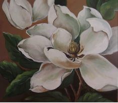 a painting of white flowers with green leaves