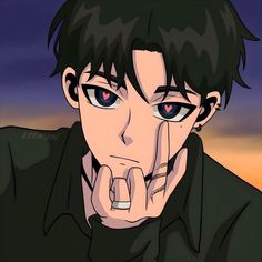 an anime character with black hair and blue eyes making a hush gesture to the camera