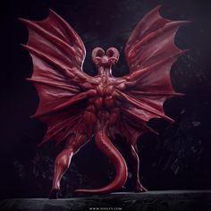 a red demon statue on a black background