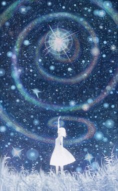 a painting of a woman standing in the snow with a star above her head and an image of a person flying through the sky