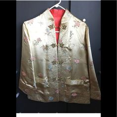 Vintage Unworn Silk Chinese Jacket.Reversible. No Label To Indicate The Material As Silk Or Ryan. Looks & Feels Like Silk, May Be Synthetic. Size S Loose Fit.Shoulder To Shoulder 16.5”, Chest 36”, Shoulder To Hem 25”. Vintage Silk Outerwear, Chinese Jacket, Silk Coat, Shanghai, Backyard Landscaping, Red Gold, Peonies, Landscaping, Jackets & Coats