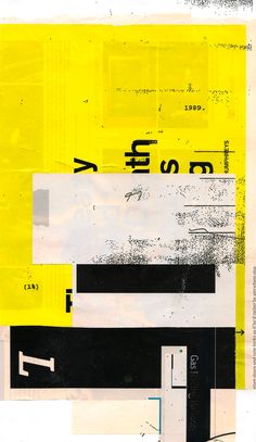 an abstract painting with black, white and yellow colors