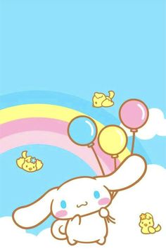 a cartoon bunny holding balloons in the sky