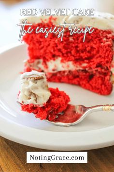 a piece of red velvet cake on a white plate with a fork next to it