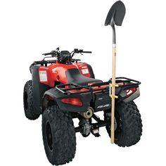 a red four - wheeler with a shovel and pole attached to the front wheel, on a white background