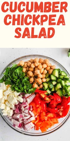 cucumber chickpea salad in a glass bowl with the title overlay