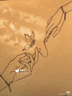 a drawing of two hands reaching for a butterfly