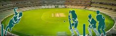 an aerial view of a cricket stadium with the silhouettes of players and umpires