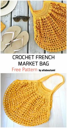 the crochet french market bag is shown with sandals and sunglasses on it, along with