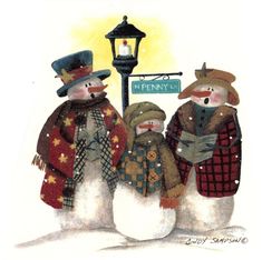 three snowmen are standing in front of a street sign with a lantern on it